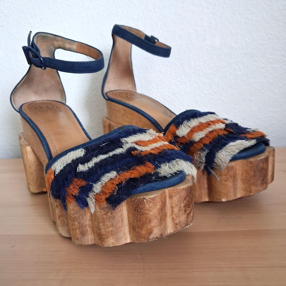 Tory Burch Fringe Platform Sandals Blue Suede SZ 8M Chunky Wood Buckle Strap - Picture 8 of 8